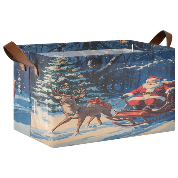 Collapsible Storage Bins Fabric Shelf Baskets with Handles Closet Organizer Reindeer Pull Christmas Sleigh 16.9x11.4x10
