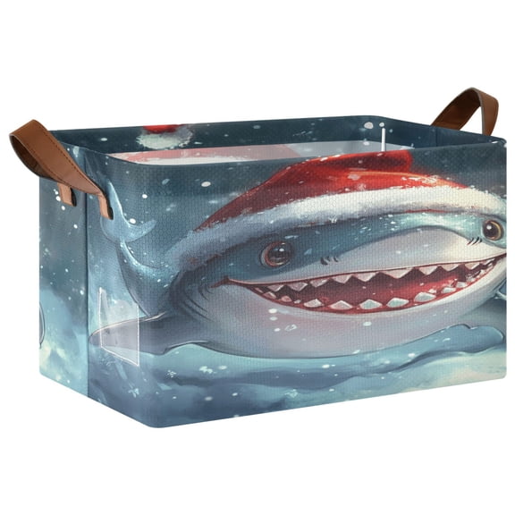 Collapsible Storage Bins Fabric Shelf Baskets with Handles Closet Organizer Shark with Christmas Hat 16.9x11.4x10