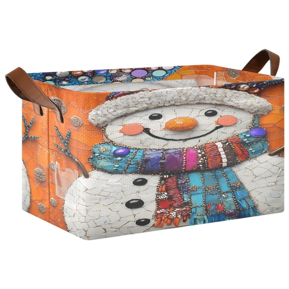 Collapsible Storage Bins Fabric Shelf Baskets with Handles Closet Organizer Snowmen with Colorful Sequins Hat 16.9x11.4x10