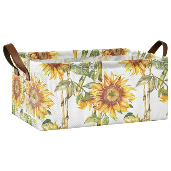 Collapsible Storage Bins Fabric Shelf Baskets with Handles Closet Organizer Sunflower and Bamboo 16.9x11.4x7.7