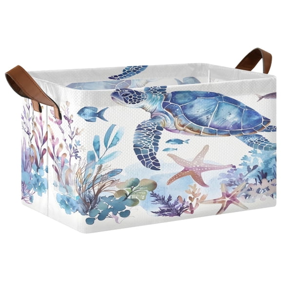 Collapsible Storage Bins Fabric Shelf Baskets with Handles Closet Organizer Turtle Fish Starfish Seaweed 16.9x11.4x10
