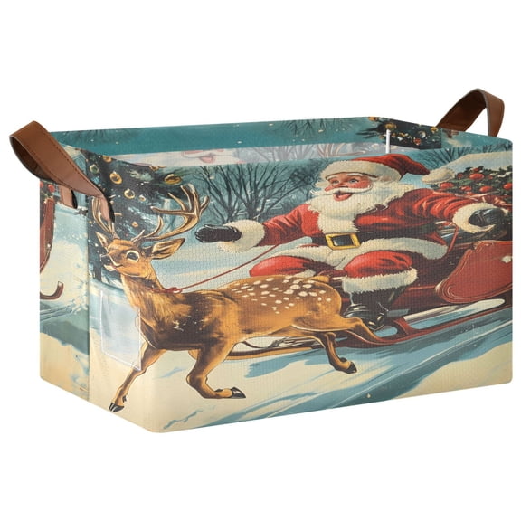 Collapsible Storage Bins Fabric Shelf Baskets with Handles Closet Organizer Vintage Reindeer Pull Sleigh 16.9x11.4x10