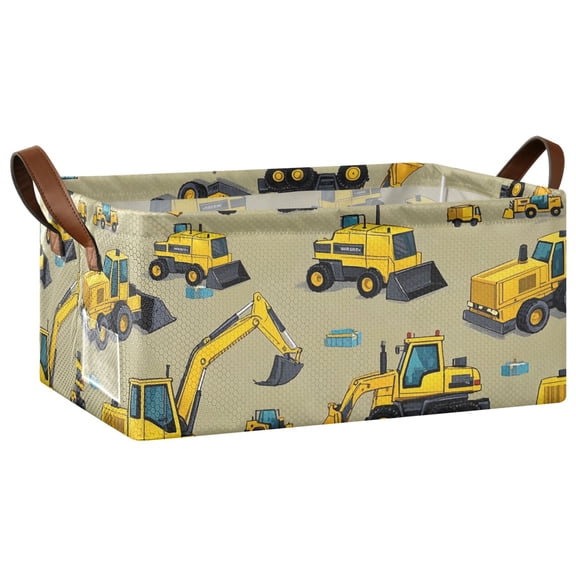 Collapsible Storage Bins Fabric Shelf Baskets with Handles Closet Organizer Yellow Construction Vehicles 16.9x11.4x7.7