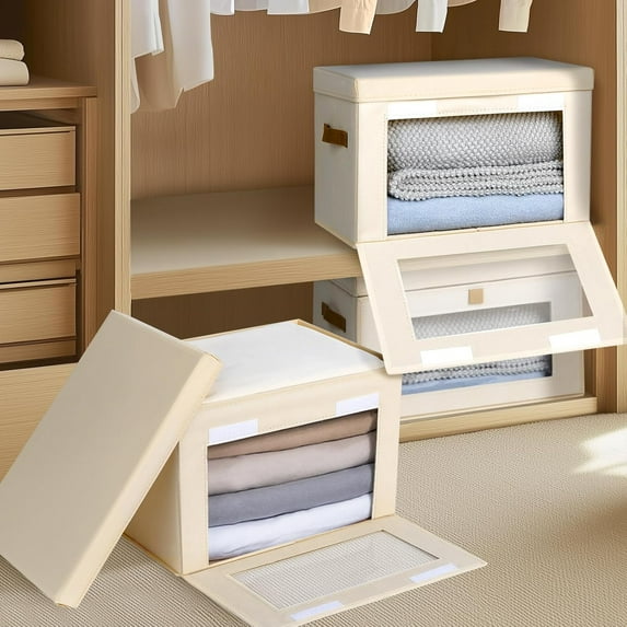 Collapsible Storage Bins - Large Closet Organizer with Handles & Window, Decorative Storage Boxes, Fabric Containers for Living Room, Dorm, 4 Pack, Beige