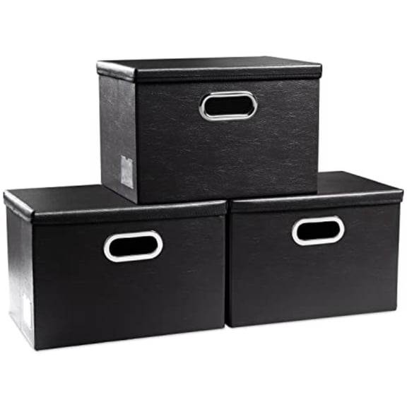 Collapsible Storage Bins with Lids [3-Pack] Leather Fabric Foldable Storage Boxes Organizer Containers Baskets Cube with Cover for Bedroom Closet Office Nursery Black 14.9x10.8x10
