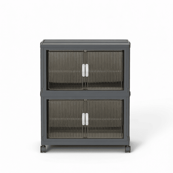 Collapsible Storage Bins with Lids and Front Doors, Heavy-Duty Stackable Plastic Organizers, Folding Utility Storage Boxes for Garage, Office, Pantry and Home, 2-Pack, Dark Grey, 9 Gal per Rack