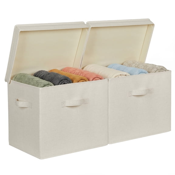 Collapsible Storage Bins with Lids Large 2 Pack/3 Pack, Stackable Closet Organizer Boxes with Handles for Clothes Towels Toys Dustproof Beige 15x11.3x12.5 inch
