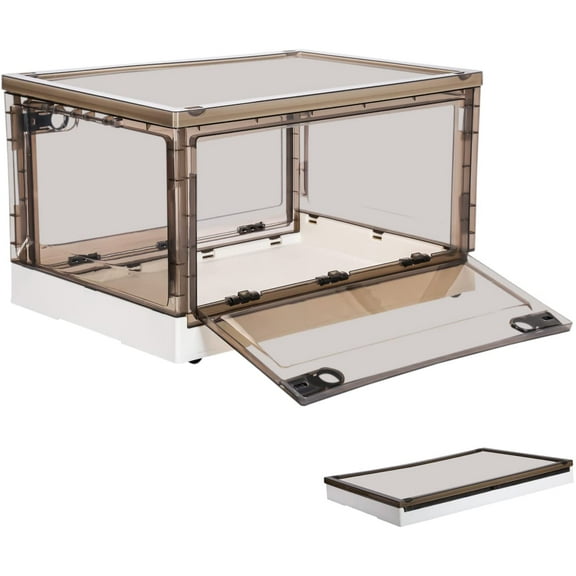 Collapsible Storage Bins with Lids - Stackable Closet Organizer Plastic Boxes, Foldable Toy Storage Container with Door, Clear Black Wardrobe Crate for Book Storage Bin 19 Gal White