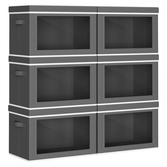 Collapsible Storage Bins With Lids - Stackable Containers Window 6 Pack Fabric Cube For Closet Home & Office Organization Baskets Dark Gray 14.9" X 9.8"