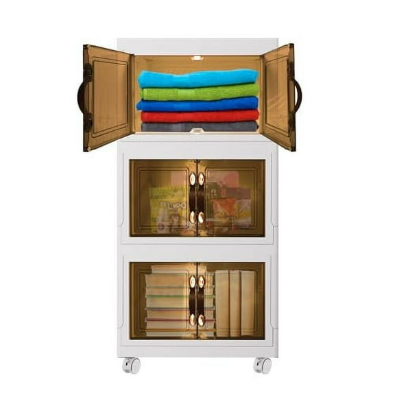 Collapsible Storage Bins with Wheels and Doors, 3x34L Stackable Closet Organizers for Clothing Storage, Folding Storage Containers for Living room, Bedroom, Kitchen