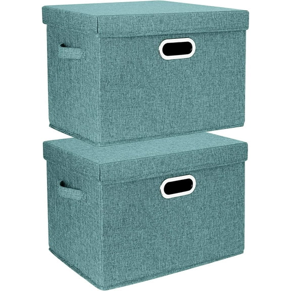 Collapsible Storage Bins With Lids, Large Fabric Storage Boxes - 2 Pack - Aqua Deep