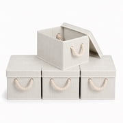 Collapsible Storage Bins with Lids 4 Pack, Fabric Organizer Boxes with Rope Handles Dustproof for Closet Bedroom Clothes Toys Beige 12x6.7x9 inch