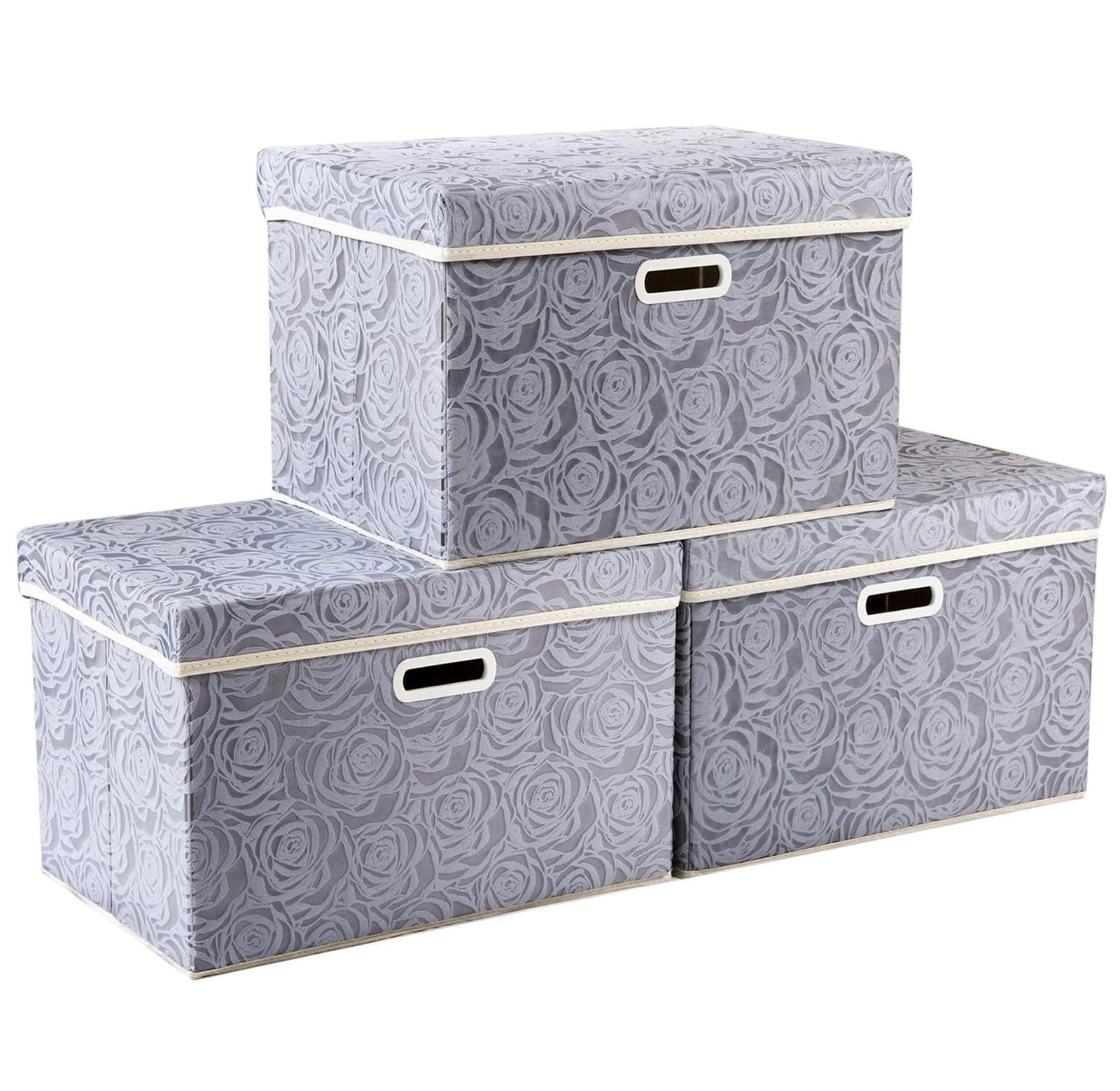 Large Gray Floral Fabric Storage Boxes with Lids, 3-Pack