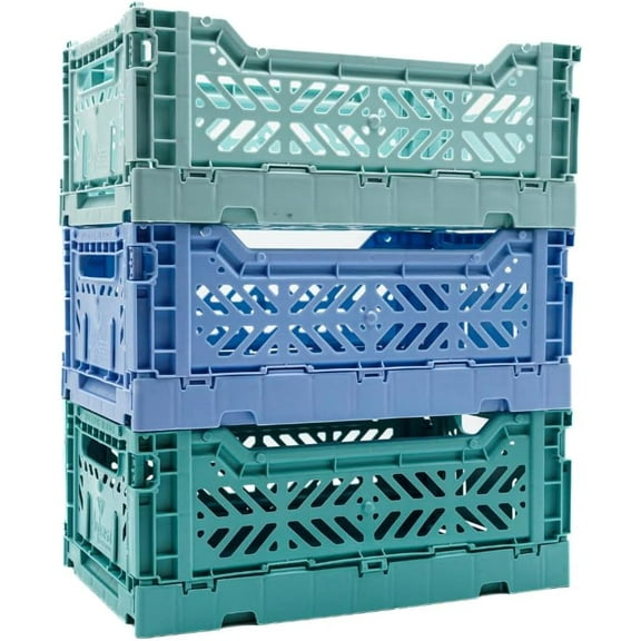 Collapsible Storage Box, Foldable Crate Organizer Bin with Handle, Stackable Crates for Home Organization (Blue, 4L - 3-Pack)