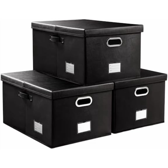 Collapsible Storage Box with Lid [3-Pack] Leather Fabric Foldable Storage Bin Organizer Container Basket Cube with Cover for Home Bedroom Closet Office Nursery Black(22.8X15.7X11.8)