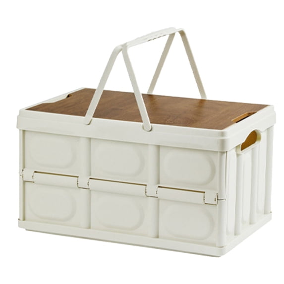 Collapsible Storage Box with Wooden Top and Handles, Portable Folding Container for Camping Home Storage Organizing, Capacity Utility Crate with Waterproof Bag for Outdoor Moving and RV Trips