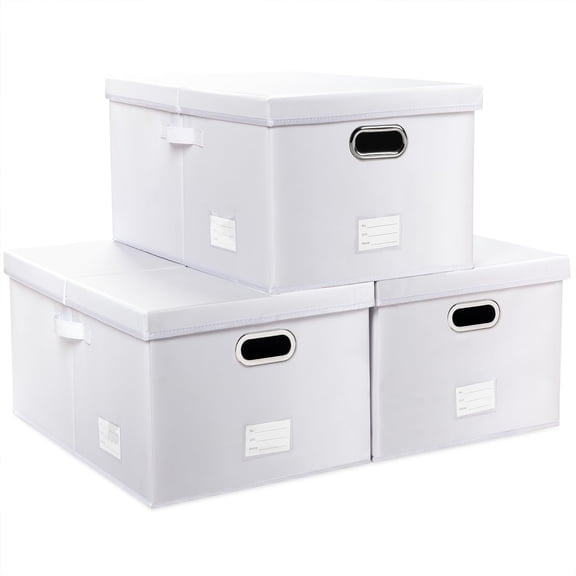 Collapsible Storage Box with Lid 3-Pack Leather Fabric Foldable Bin Organizer Cube White X-Large