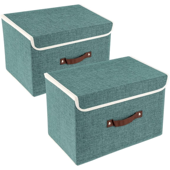 Collapsible Storage Boxes, Washable Fabric Storage Bins with Lids, 14.9x9.8x9.8 inches, 2 Pack, Aqua Deep