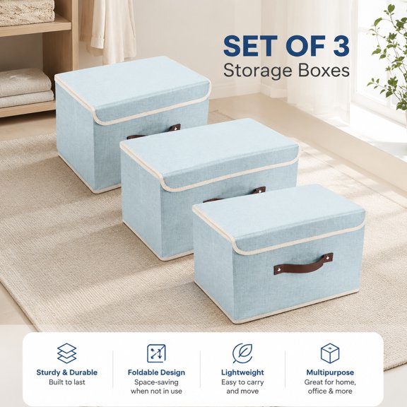 Collapsible Storage Boxes with Lids, Washable Fabric Bins, 14.9x9.8x9.8 Inches, 3 Pack, Aqua Spring Organizational Containers