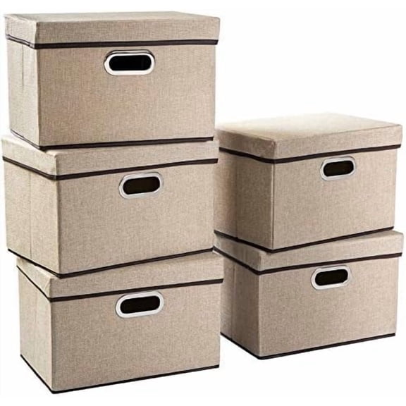 Collapsible Storage Containers with Lids [5-Pack] Jute Fabric Foldable Storage Bins Boxes Organizer Baskets Cube with Cover for Home Bedroom Closet Office Nursery (14.9x9.8x9.8)
