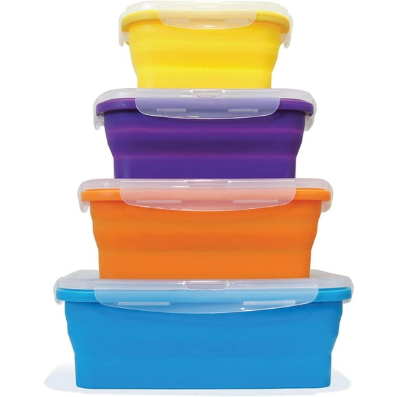 Collapsible Storage Containers | Set of 4 Rectangle Silicone Food Storage Containers | BPA Free | BPS Free | Dishwasher, Freezer, and Microwave Safe | Save Space in your Container Drawer!