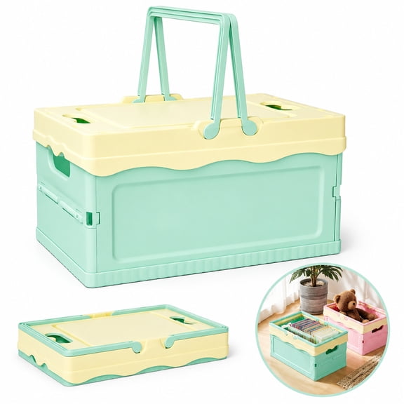 Collapsible Storage Crate, Artrylin Foldable Plastic Basket with Lid and Handle, Foldable Storage Box Crate Bin for Home Kitchen Office Bathroom Bedroom Pantry (Blue)