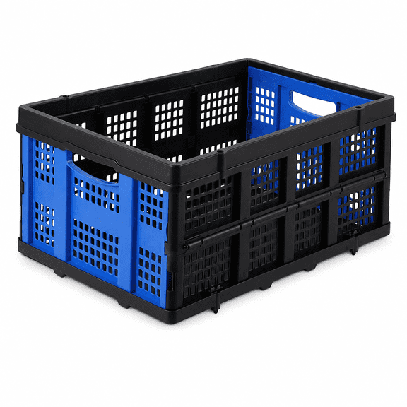 Collapsible Storage Crate with Handles, 22 x 15.7 x 10.2 in Stackable Foldable Plastic Utility Bin for Home, Office, Classroom, Garage and Camping, Blue and Black