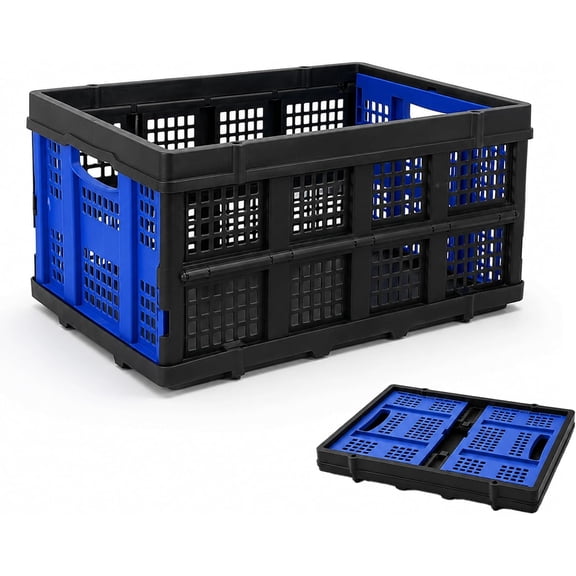 Collapsible Storage Crate, Heavy Duty Foldable Plastic Storage Bin, Stackable Trunk Organizer for Car, Garage, Home & Office, 49L Utility Basket, Blue, 1 Pack