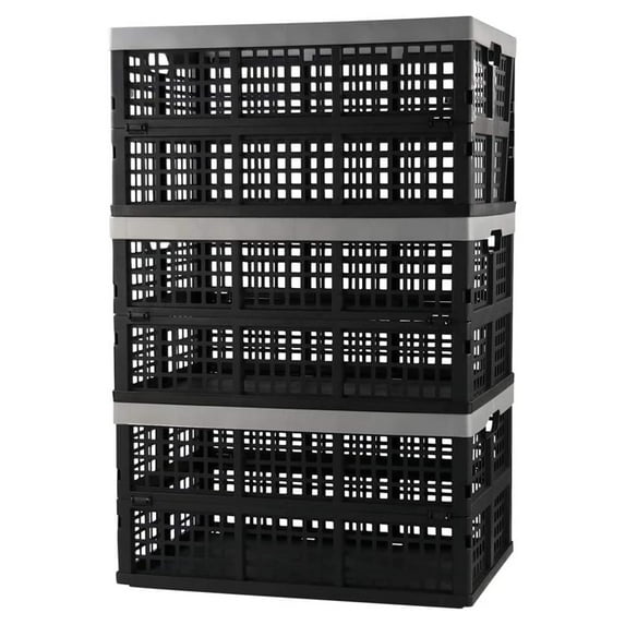 Collapsible Storage Crates - 42 Liter Plastic Folding Crate Set of 3 - Durable Portable Organizer for Home, Garage, Car Trunk - 19.68 x 13.77 x 2.16 inches Folded Black, Grey