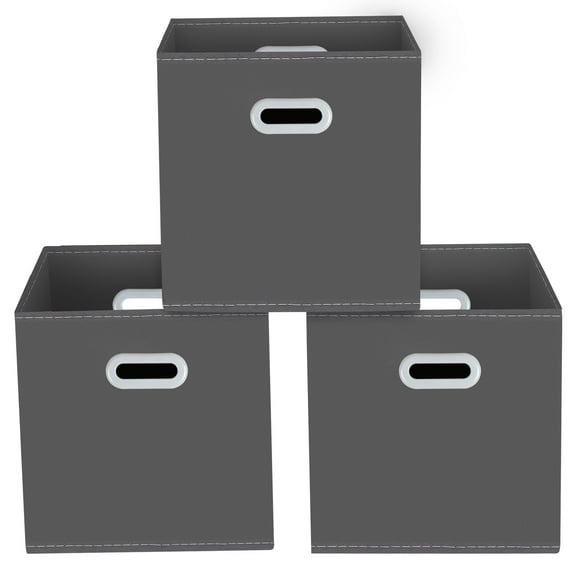 Collapsible Storage Cube Organizer, Fabric Bins with Handles for Closet Bedroom Laundry, 11x11x11 Foldable Box Set, 3 Pack, grey