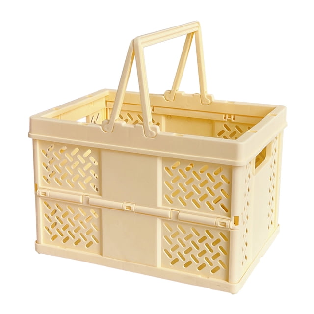 Collapsible Storage Shopping Basket,Collapsible Reusable Plastic Grocery Shopping Baskets,Plastic Grated Wall Stackable Basket/Tote Portable Storage Basket with Handles for Picnic Camping Organizing