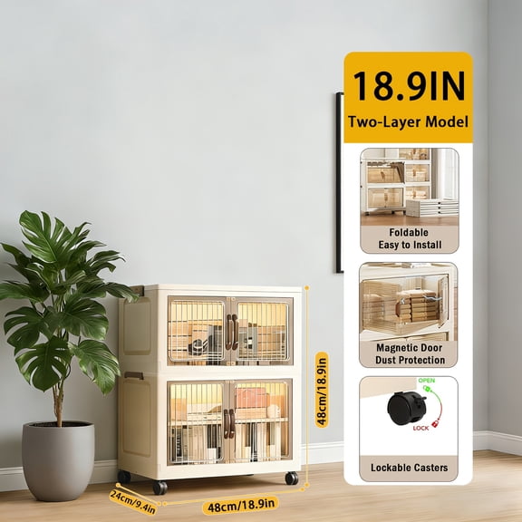 Collapsible Storage Unit with Cover & Wheels, 2/4/5 Tier Stackable Plastic Organizer with Doors, Dustproof for Bedroom Kitchen Closet Bathroom Home