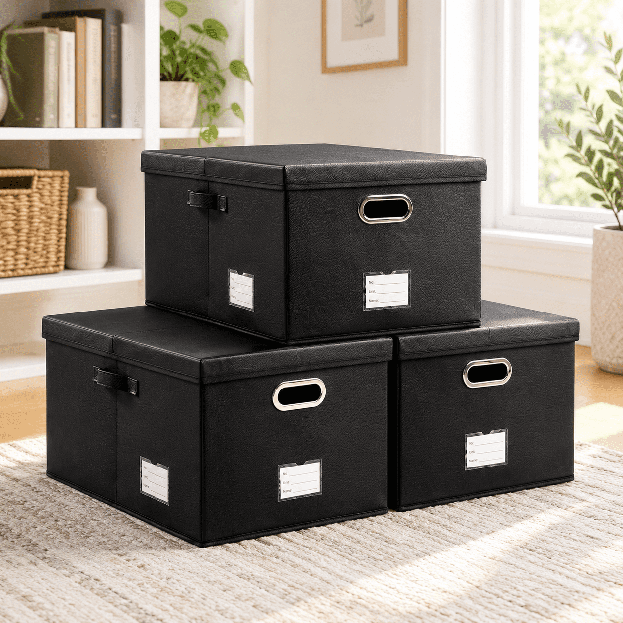 Collapsible Storbox With Lid [3-pack] Leather Fabric Foldable Bin ...