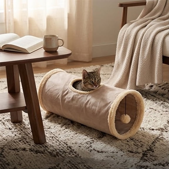 Collapsible Suede Cat Tunnel with Crinkle Noise Interactive Foldable Pet Play Tube for Indoor Cats and Kittens, Khaki, 20x10 In