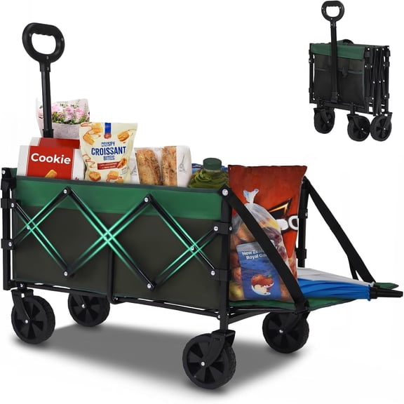 Collapsible Tailgate Wagon with Wheels, Compact Size Folding Utility Cart, 380LBS Capacity for Garden, Grocery, Beach, Camping - Portable Heavy Duty Cart(Army Green)