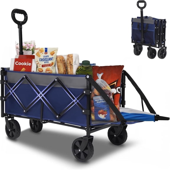 Collapsible Tailgate Wagon with Wheels, Compact Size Folding Utility Cart, 380LBS Capacity for Garden, Grocery, Beach, Camping - Portable Heavy Duty Cart(Navy Gray)