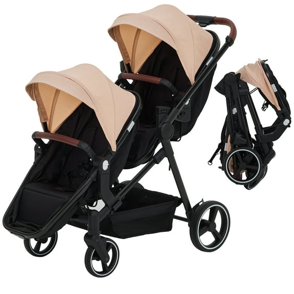 Collapsible Tandem Double Stroller for Infant & Toddler, Reversible Seat, Adjustable Backrest & Canopy, Large Storage Basket, 5-Point Safety Harness