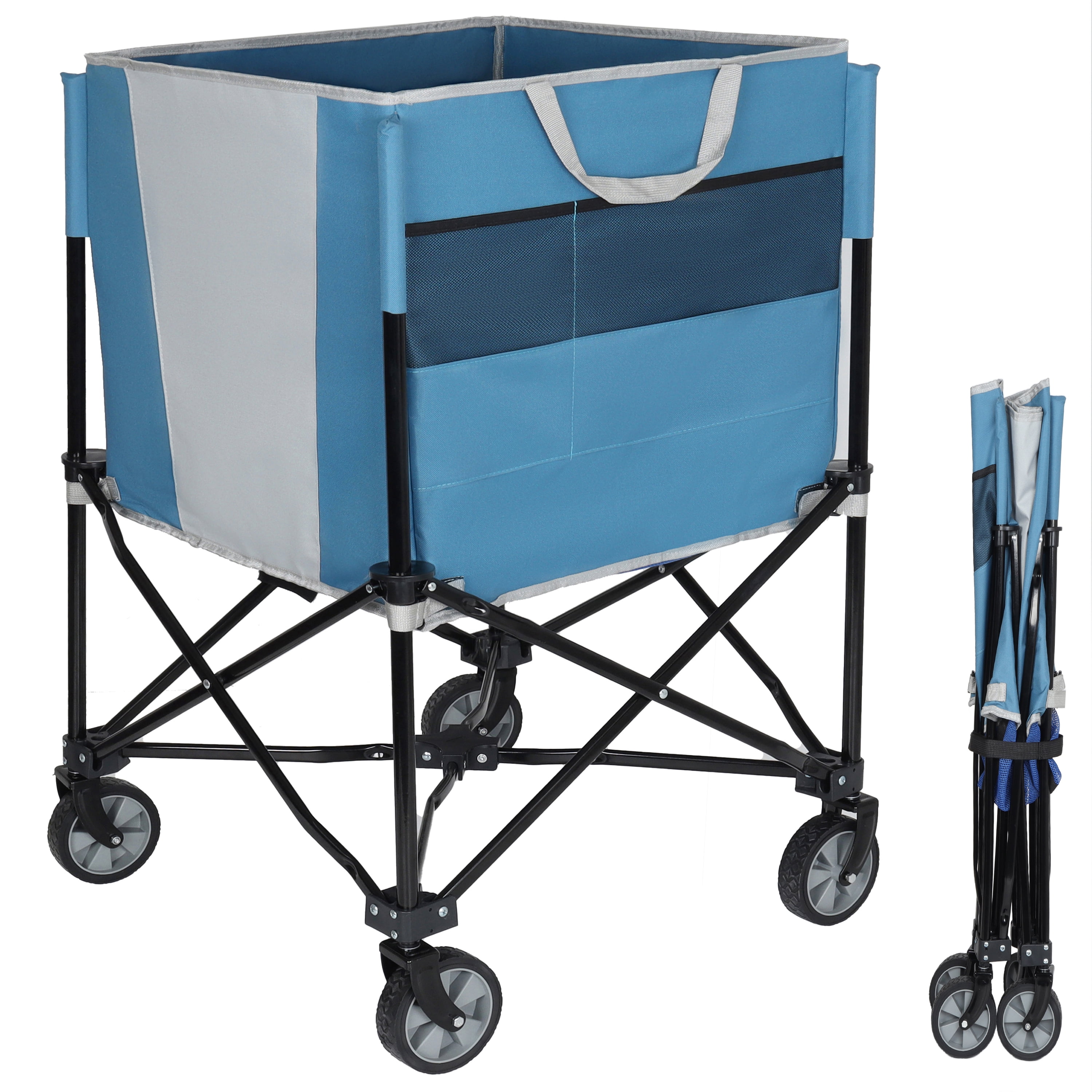 Collapsible Tennis Ball Cart with 360° Wheels, Portable Sports Ball Hopper with Side Pockets, Washable Mesh Storage Basket for Tennis Pickleball Equipment