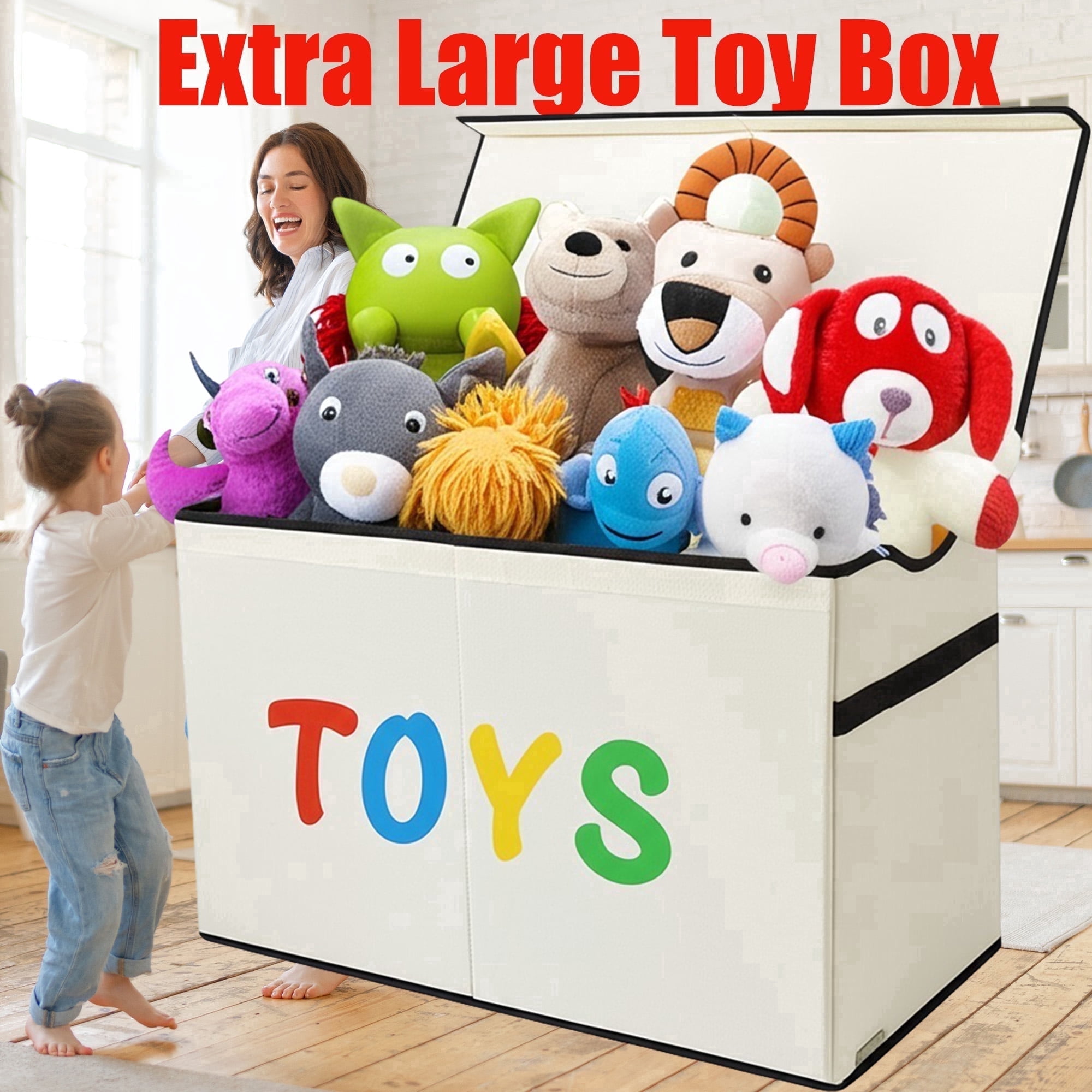 VICTORICH Space-Saving Toy Chest, 32 gal Extra Large Collapsible Toy Storage Bins with Lids for Kids Playroom, Beige