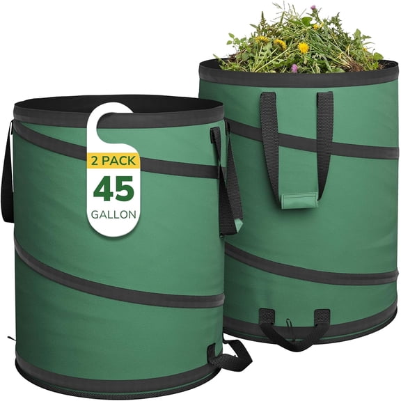 Collapsible Trash Can 45 Gallon 2 Pack, Pop Up Yard Waste Bags, 600D Oxford Lawn and Leaf Bags with Drainage Holes, Self-Standing Camping Trash Can, Foldable Garden Bag for Leaf Cleanup