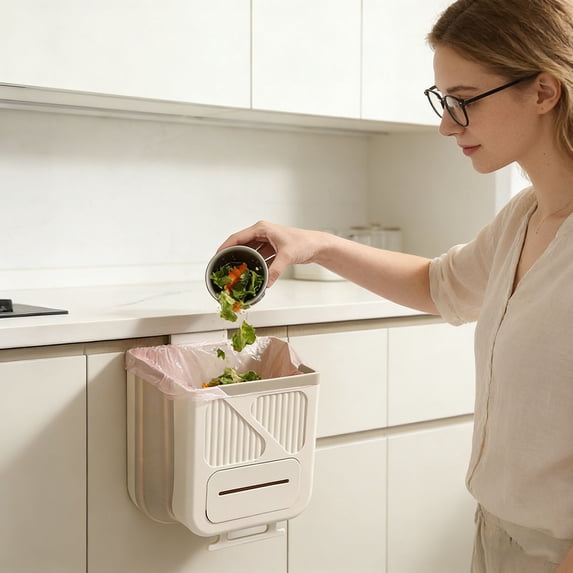 Collapsible Trash Can Hanging Bin Foldable garbage can for Kitchen Bathroom RV Camping(Beige-25x20cm)