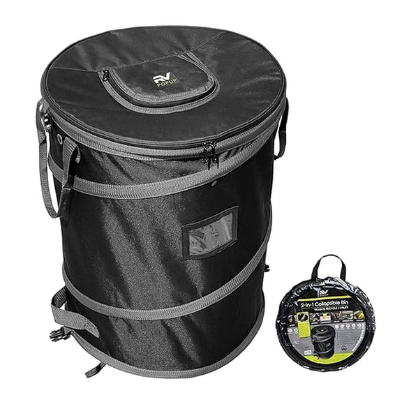 Collapsible Trash Recycle Bin - 26 Gallon Dual Compartment - Waterproof Camping Laundry Storage - Durable Vinyl Tear Resistant - Stake Loops & Lid Storage