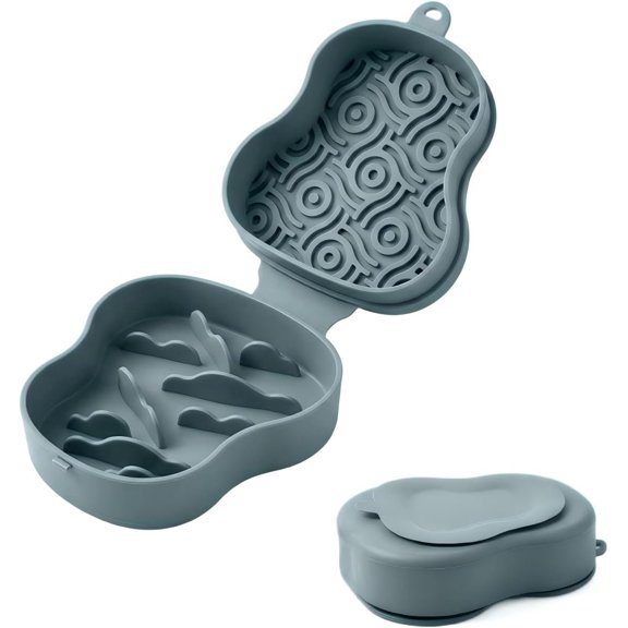 Collapsible Travel Bowl with Lid, Portable Slow Feeder & Lick Mat Combo, Mess-Free Clamshell Water Dish for Hiking (Bluish)