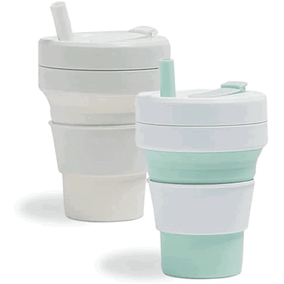 Collapsible Travel Cup Gift Set With Straw - 2-Pack, Mint Green & Quartz White, 16oz / 470ml - Reusable To-Go Pocket Size Silicone Cup for Hot and Cold Drinks - Microwave & Dishwasher Safe