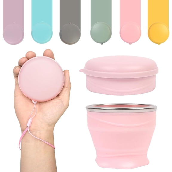Collapsible Travel Cup with Lid (6oz/180ml) - BPA Free Silicone Folding Cup with Stainless Steel Rim - Portable Pocket Size Drinking Cup for Mouthwash, Pills, Hiking(Pink)