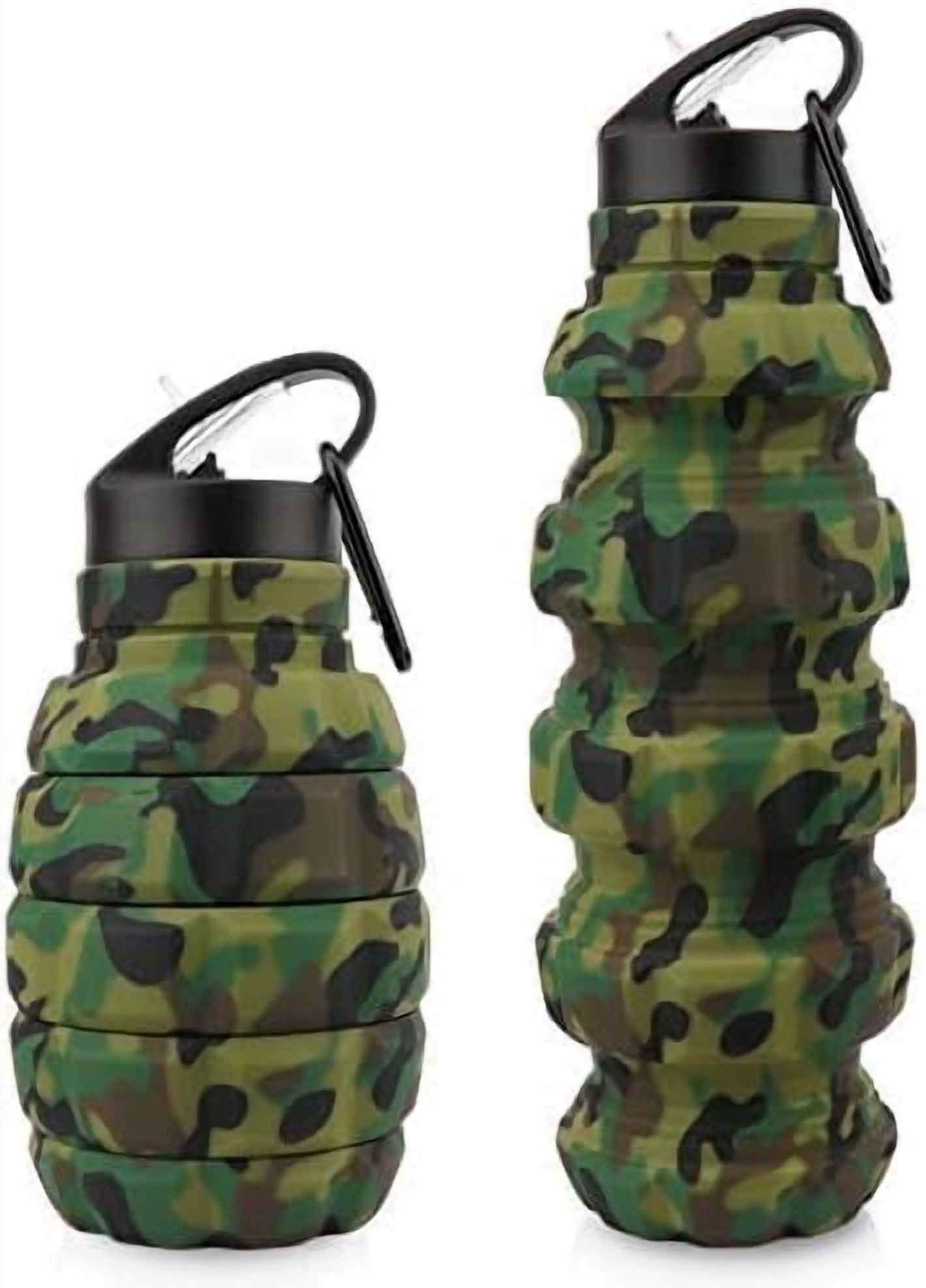 Collapsible Travel Water Bottle19.6 oz, Reuseable Silicone Foldable Water Bottles for Gym Camping Hiking, Portable Leak Proof Sports Water Bottle with Carabiner (Army green camouflage)