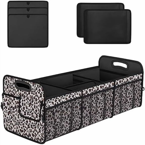 Collapsible Trunk Organizer - 90L Large Capacity with 15 Pockets, Waterproof for SUV/Car/Jeep/Sedan, Extra Large Leopard Print