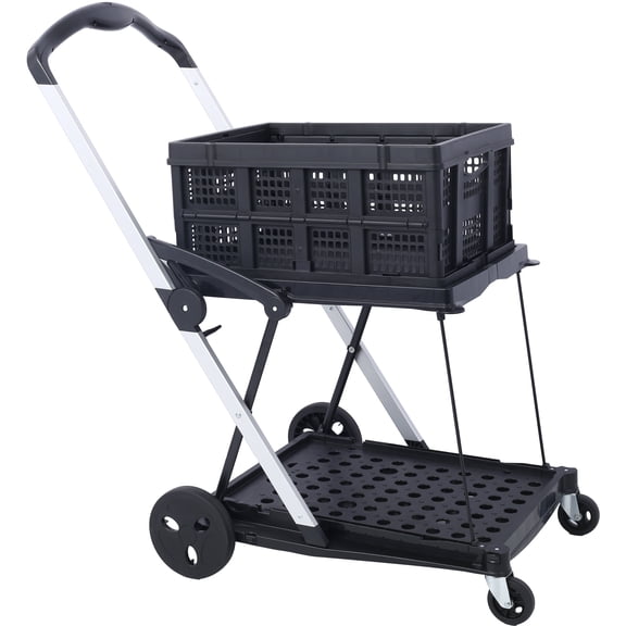 Collapsible Utility Cart 2-Tier Shopping Cart with Baskets, Heavy Duty 154LB Capacity, Folding Wagon for Grocery, Warehouse, Office, Black Aluminum Frame