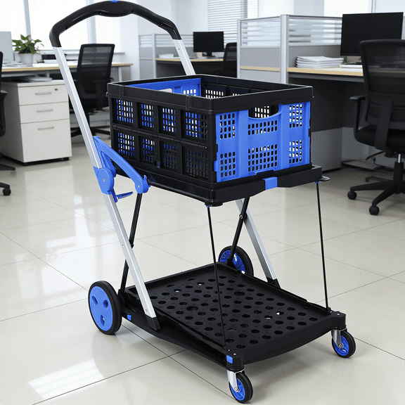 Collapsible Utility Cart 2 Tier Shopping Cart Folding Crate Capacity Aluminum Steel Frame 360 Swivel Wheels Foot Brake Portable Grocery Luggage Home Office Warehouse Blue Heavy Duty Pro Grade