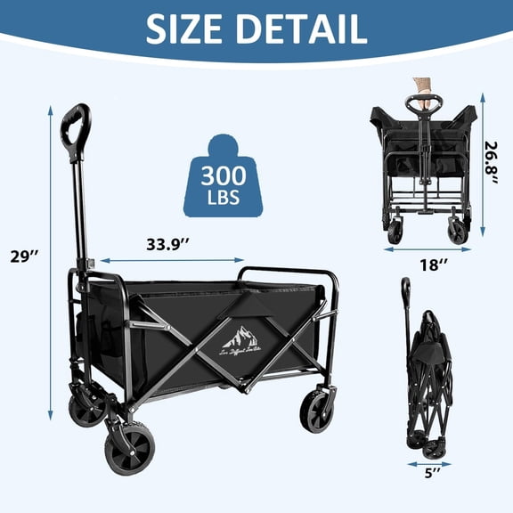 Collapsible Utility Cart Folding Wagon, 320lbs Capacity Lightweight Rolling Cart with Quiet Wheels, Quick-Fold Design for Camping, Shopping, Outdoor Use, Black